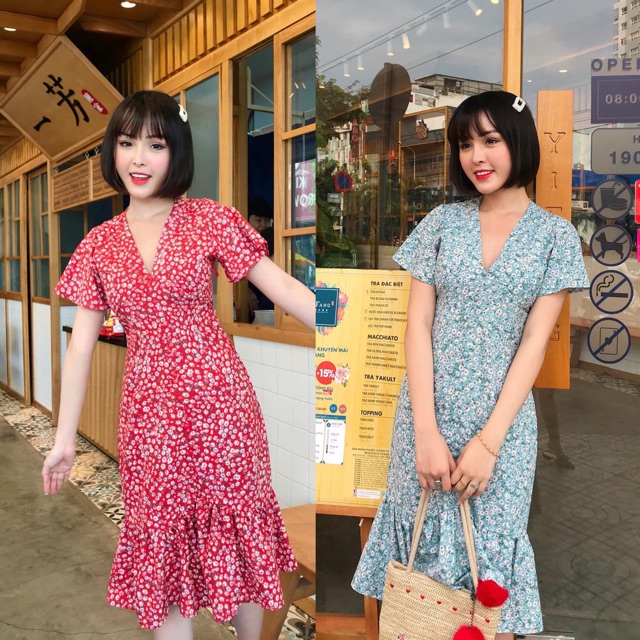 Đầm hoa midi đuôi cá cổ V vintage