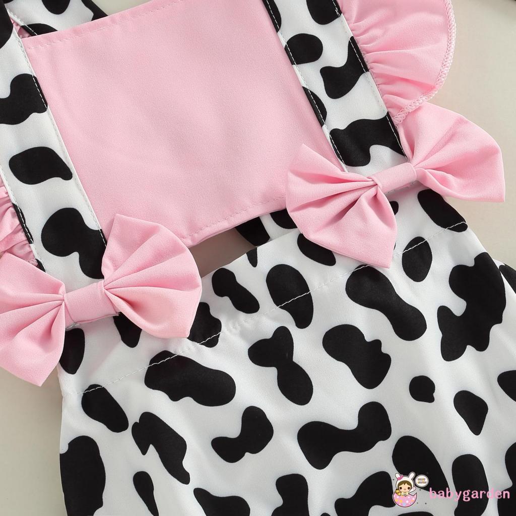 Bộ Áo Liền Quần Tay Cánh Tiên Họa Tiết Bò Sữa + Băng Đô Cài Tóc Thời Trang Mùa Hè Cho Bé Gái 0-24 Tháng Tuổi