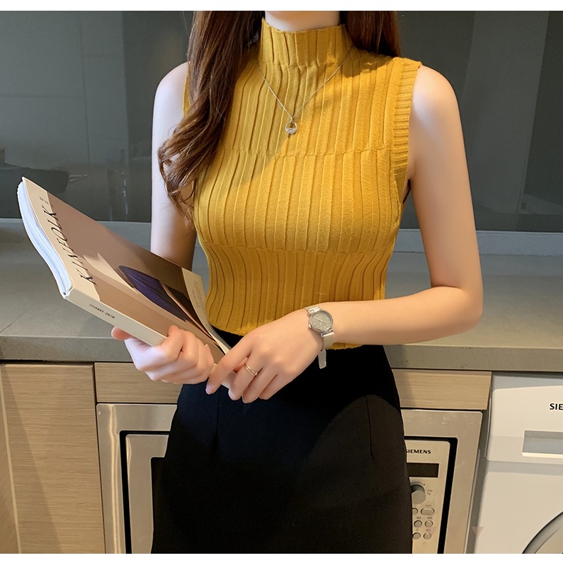 Áo Dệt Kim Cổ Lọ Sát Nách Dáng Ôm Quyến Rũ Trẻ Trung Cho Bạn Gái