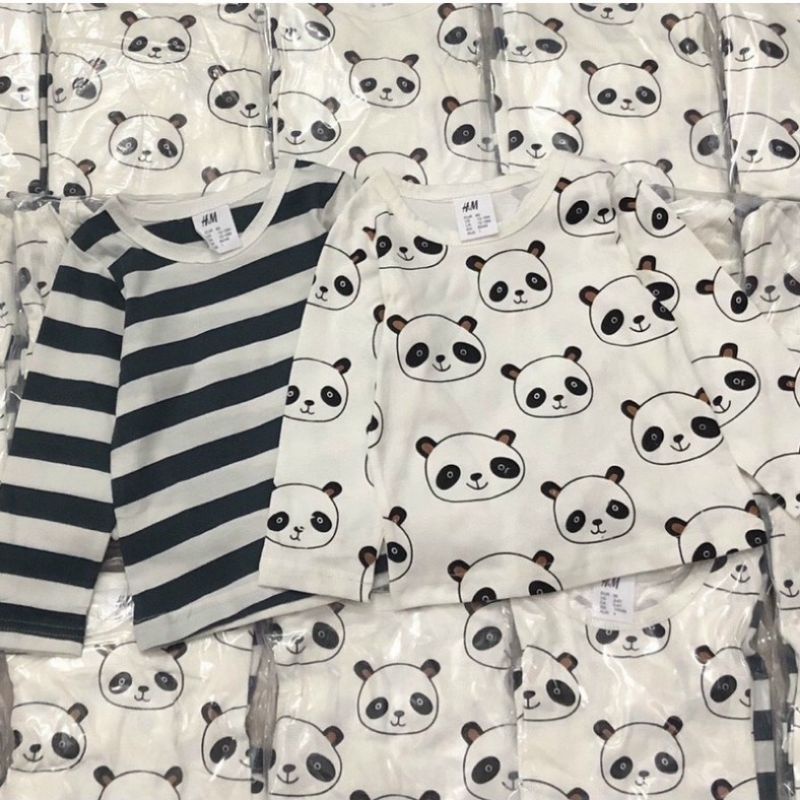 Áo thun bé unisex H&M KIDS xuất xịn thun cotton cổ tròn tay dài in hình gấu, sọc ngang