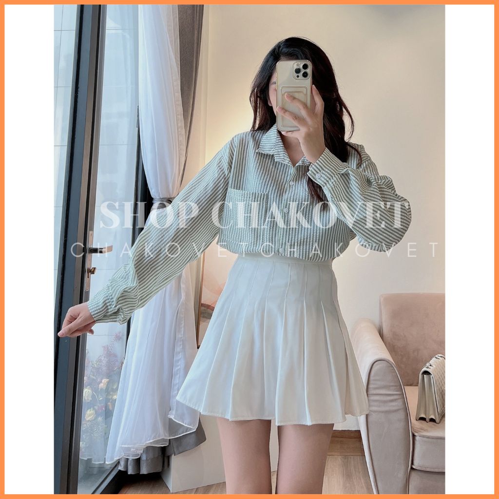 Áo Sơ Mi Kẻ Sọc Vạt Lệch Tiểu Thư A8431 Áo Đũi Xốp Xẻ Lưng Phong Cách Vintage Hàn Quốc Đi Chơi Cực Xinh Xắn Cá Tính