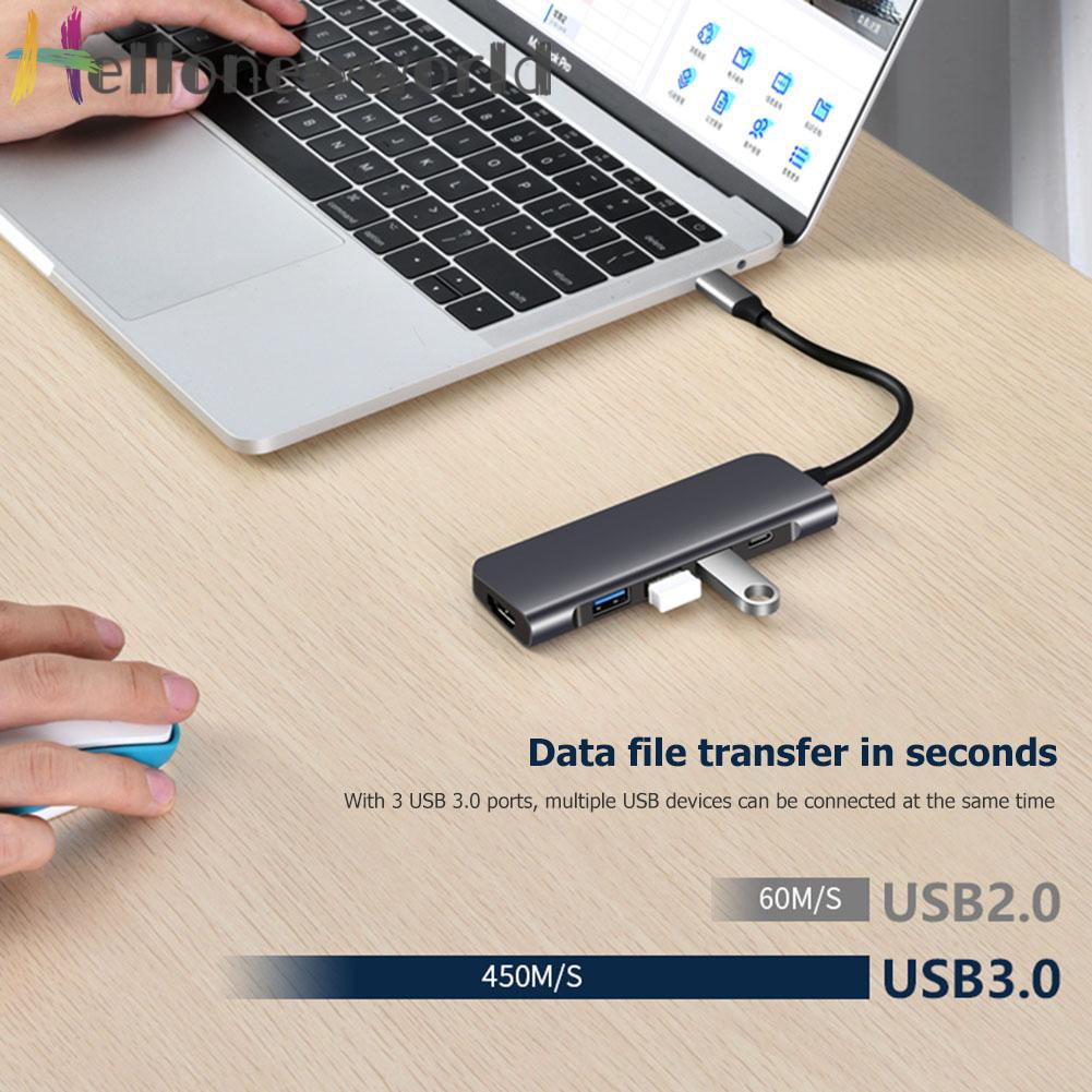 Hellonewworld USB C Hub 5 in 1 Type C to USB 3.0 65W PD 4K HDMI-compatible Adapter for Laptop PC