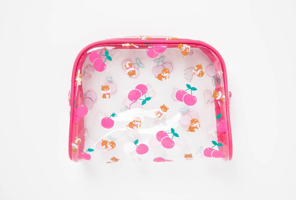 Túi Đựng Đồ Đa Năng ARTBOX Hàn Quốc Bằng PVC Trong Suốt Họa Tiết Chú Chó Shiba Và Quả Cherry Hồng Xinh Xắn