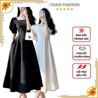 Hàng nhập - đầm xòe midi lụa nổi cổ vuông tay phồng vintage tiểu thư - tns480390