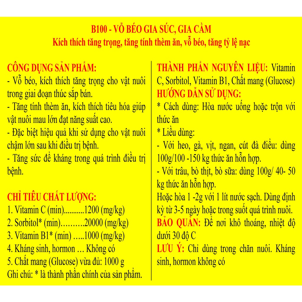 1 gói 200g B100 Kích thích tăng trọng, tăng tính thèm ăn, vỗ béo, tăng tỷ lệ nạc cho gia súc, gia cầm, chó, mèo