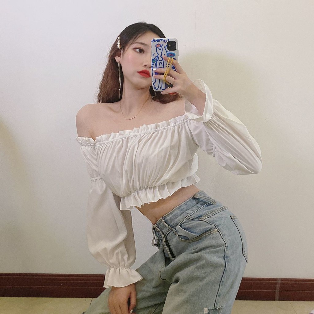 Áo trễ vai croptop tay bồng màu đen tay dài F15