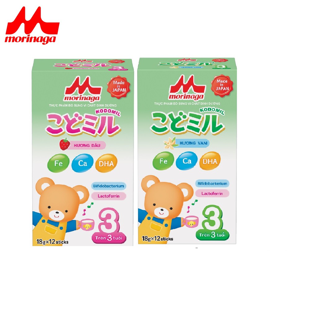 Combo 2 Sữa Morinaga số 3 Hương dâu/ vani Kodomil hộp giấy 216g