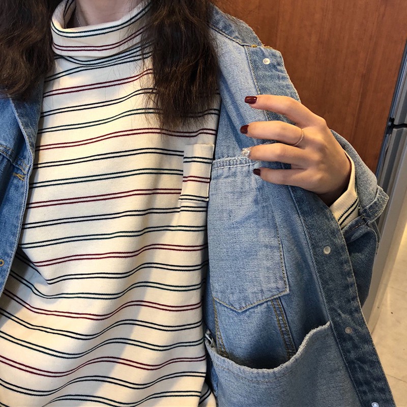 Có sẵn | Áo nỉ ulzzang cổ cao kẻ ngang MS2043 | BigBuy360 - bigbuy360.vn