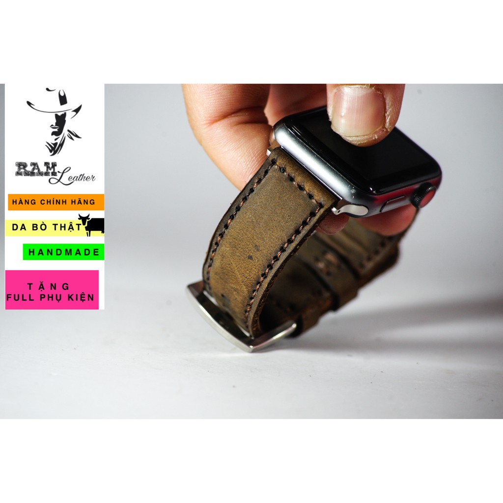 Dây đồng hồ Apple Watch , Iwatch , Iphone Watch Da Bò Thật Nâu Đất RAM Leather Bauhaus 1950  Bền Đẹp