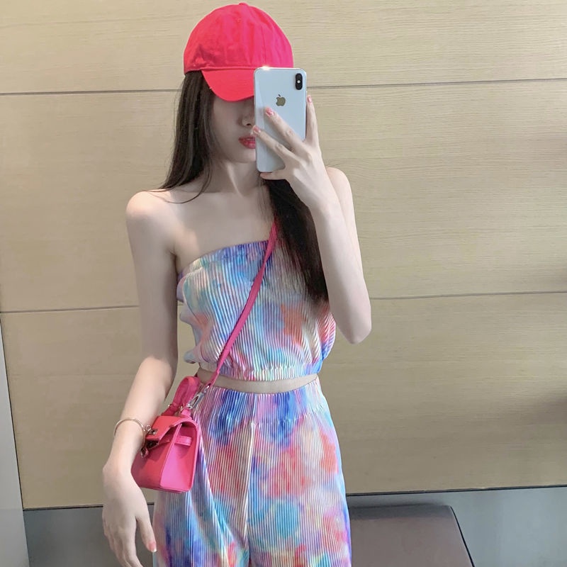 Set Áo Ống Màu Nhuộm + Quần Lưng Cao Ống Đứng Phong Cách Phương Tây Gợi Cảm Cho Nữ