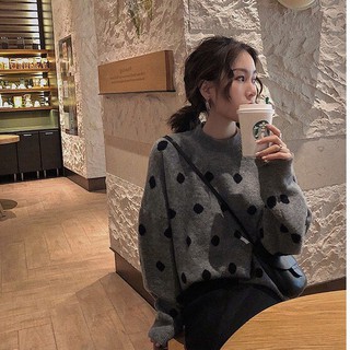 Áo len nhỏ tươi chấm bi mùa thu đông, borong giá rẻ của quần áo nữ thời trang Hàn Quốc có sẵn