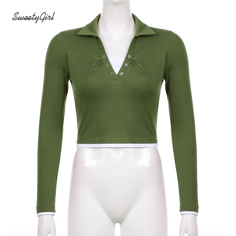 Áo Thun Polo Tay Dài Cổ Chữ V Màu Tương Phản Thời Trang 2022 Dành Cho Nữ