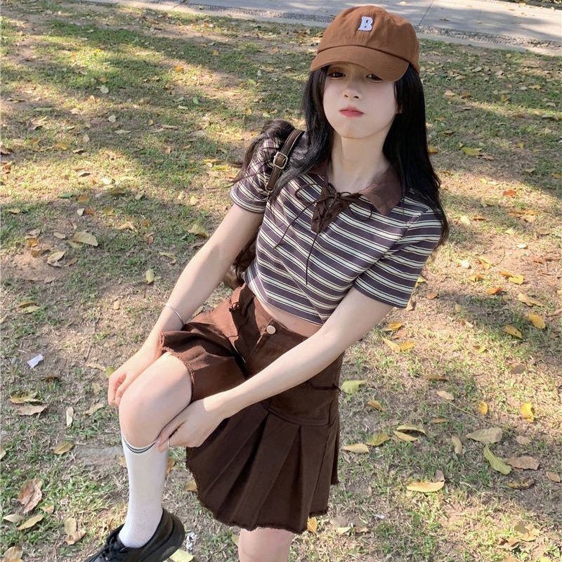 AMOI Set Áo Sơ Mi Kẻ Sọc + Chân Váy Xếp Ly Thời Trang Nữ Tính