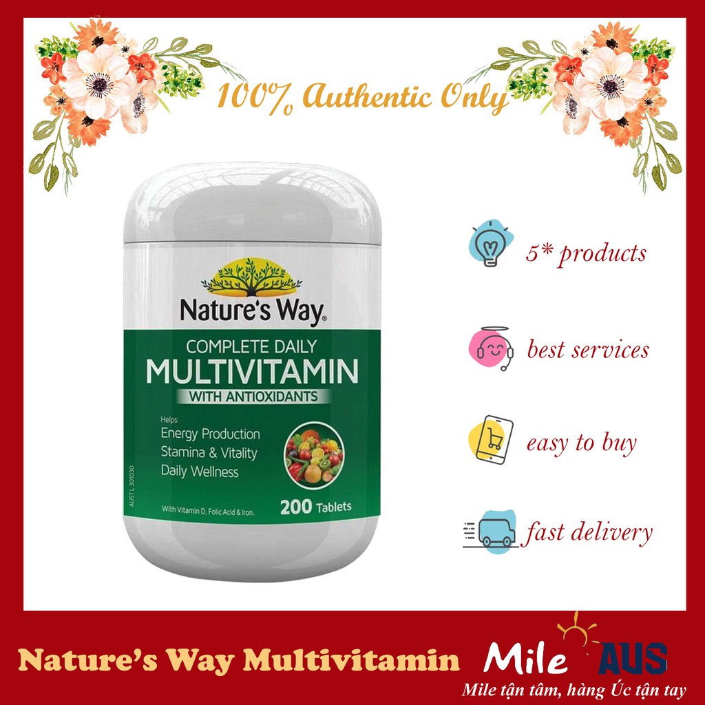 Vitamin tổng hợp bổ sung chất xơ cho người lớn Natures Way Complete Daily Multivitamin (200v)
