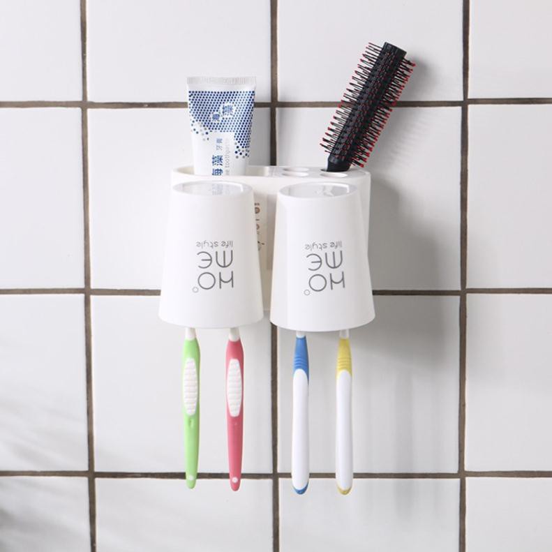 Kệ để bàn chải đánh răng E3, cọ trang điểm dán tường nhà tắm TẶNG KÈM 2 CỐC, Giá để bàn chải đánh răng