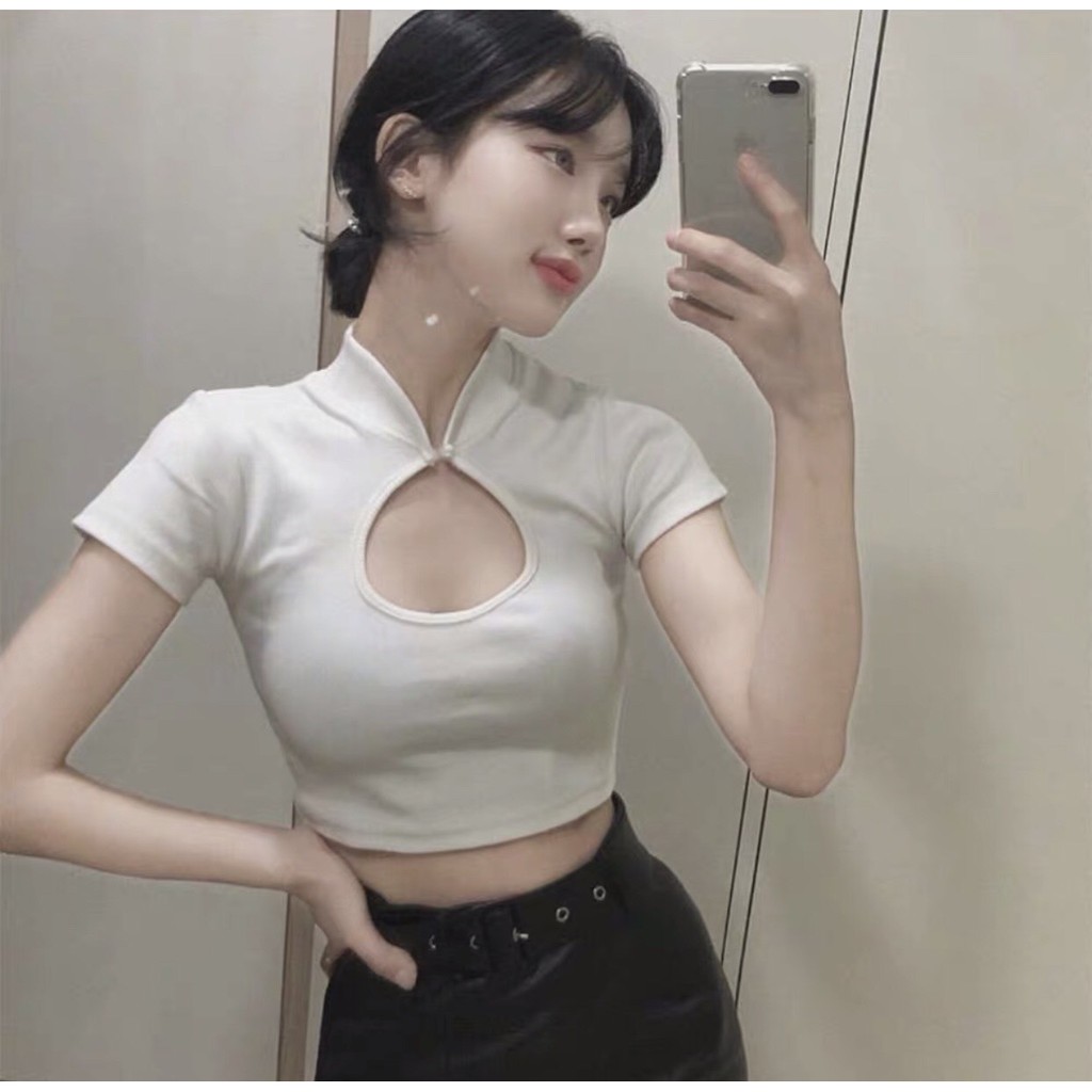 [Mã FAMAYWA giảm 10K đơn 50K] ÁO CROPTOP CỔ GIỌT LỆ ĐEN TRẮNG TÍM - ÁO THUN CROP KHOÉT NGỰC TAY NGẮN | BigBuy360 - bigbuy360.vn