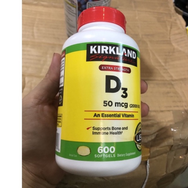Viên uống Vitamin D3 Kirkland Extra Strength D3 50mcg 600 viên mẫu mới nhất của Mỹ