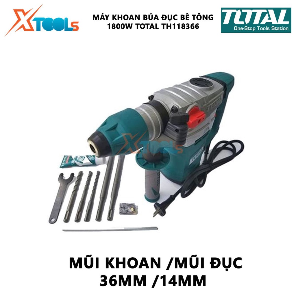 Máy khoan búa cầm tay 1800w TOTAL TH118366 tốc độ: 850rpm, tốc độ đập 4200bpm, khả năng khoan 36 mm/đục 14mm; kèm theo 3