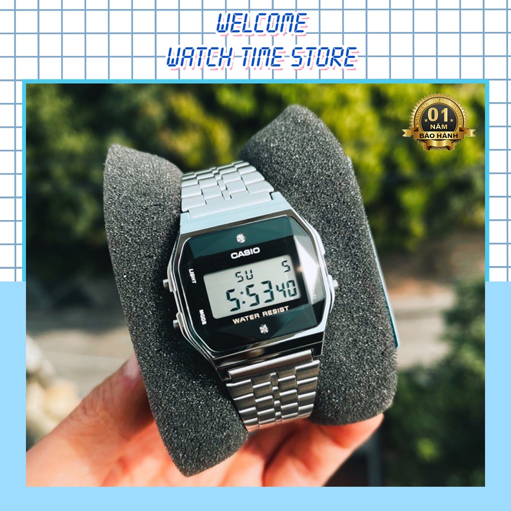 Đồng Hồ Casio Nam A159 Dây Kim Loại Mạ Bạc - Đính Đá Kim Cương - Made In Japan