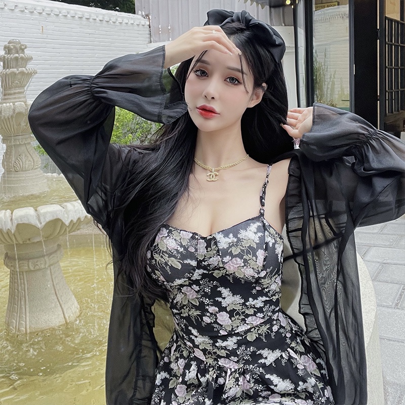 Set đầm hai dây họa tiết hoa và áo khoác cardigan PERTY chống nắng phong cách thời trang Hàn Quốc