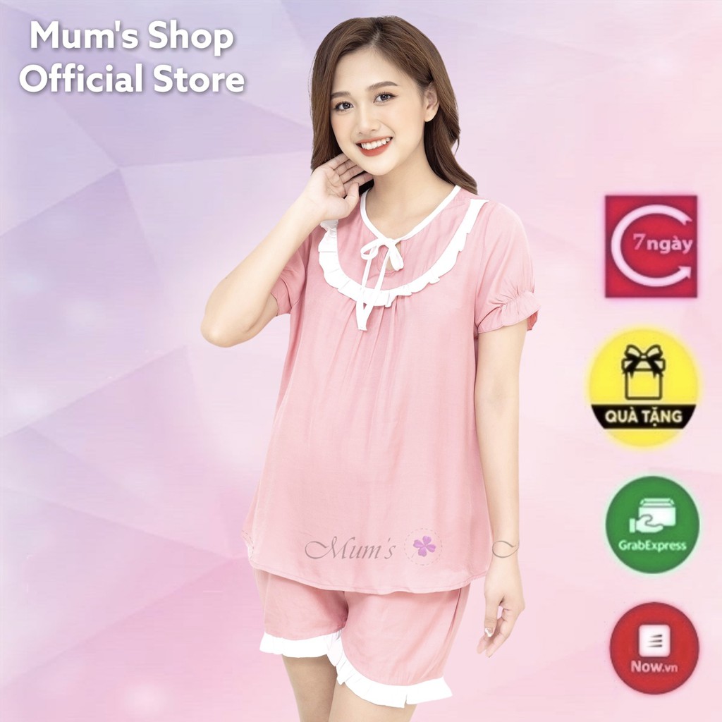 Đồ bộ bầu và sau sinh  FREESHIP  bộ đũi hồng bèo ngực nơ trắng cộc tay