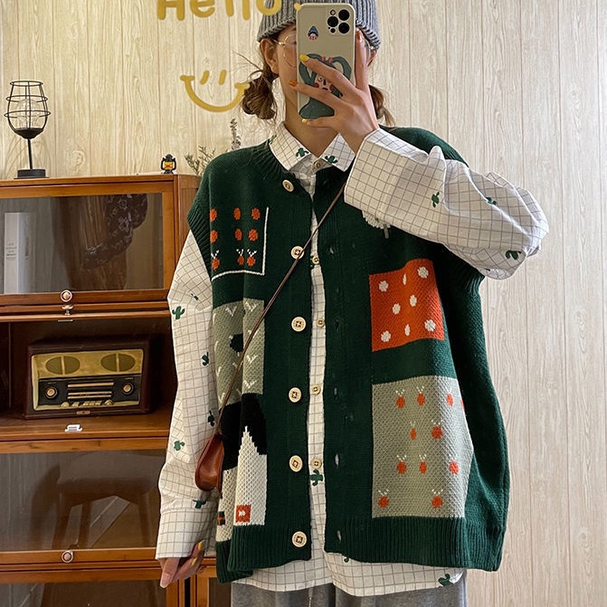 Áo Dệt Kim Không Tay Nhiều Lớp Phong Cách Vintage Cho Nữ