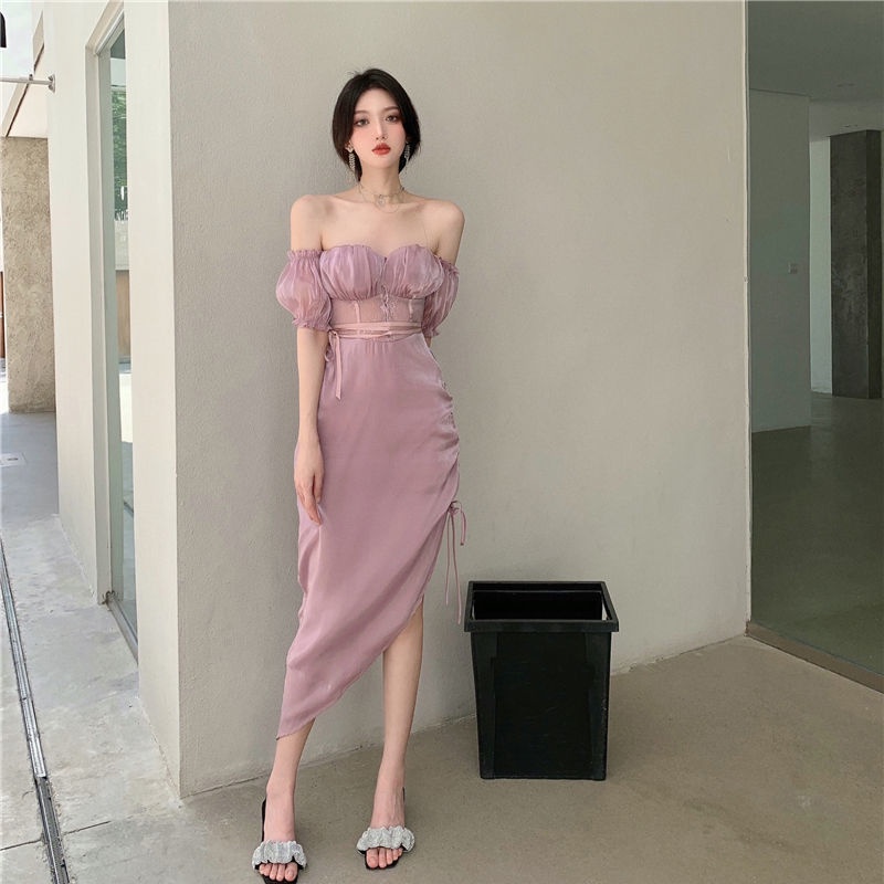 Đầm Midi Trễ Vai Tay Phồng Ngắn Màu Tím Phong Cách Pháp Thời Trang Mùa Hè Cho Nữ