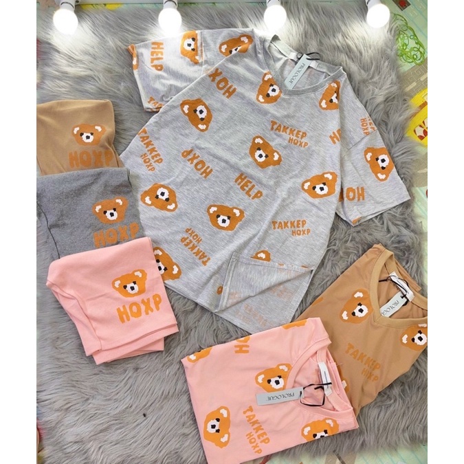 Set thun áo xẻ tà in gấu dễ thương