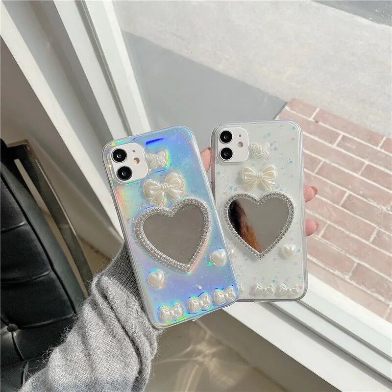 Ốp Điện Thoại Gắn Gương Hình Trái Tim Phối Nơ Cho Iphone 11 12 Pro X Xr Xs Max Iphone 7 8 Plus