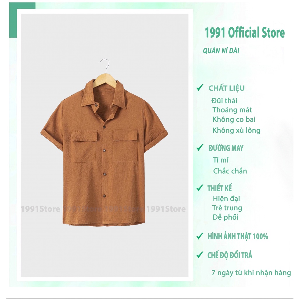 Áo sơ mi nam 1991 Official Store áo Đũi Có Cổ Cộc Tay Túi Hộp Thời Trang Thoải mái
