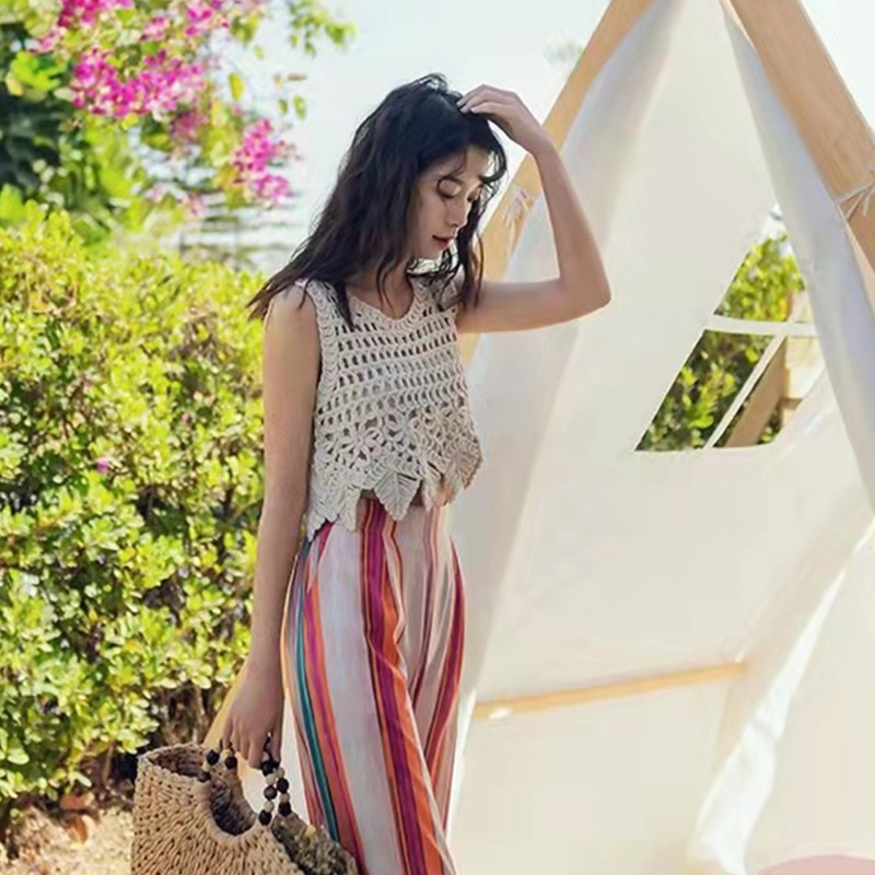 Xiangbao Áo Crop Top Dệt Kim Không Tay Cổ Tròn Khoét Rỗng Họa Tiết Hoa Lá Viền Lá Không Đều Đi Biển Cho