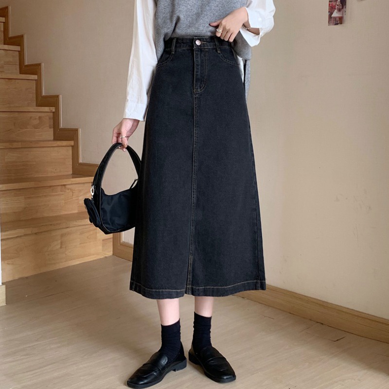 Chân váy XIAOZHAINV vải denim dáng chữ A lưng cao thời trang dành cho nữ