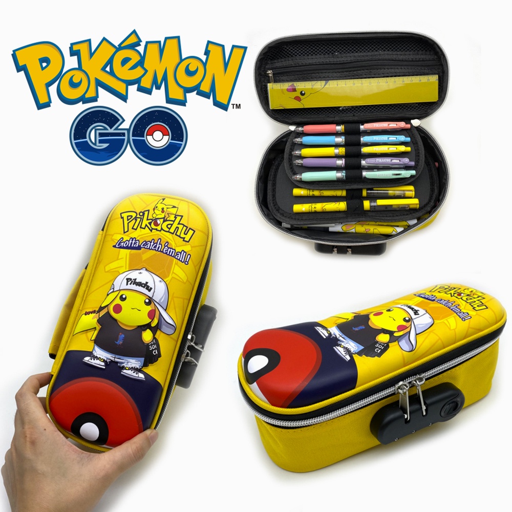 JINN Hộp đựng bút chì Pokemon Di động nhiều lớp Dung lượng lớn Phim hoạt hình Pikachu Túi bút Mã Khóa Văn phòng phẩm Túi bút chì
