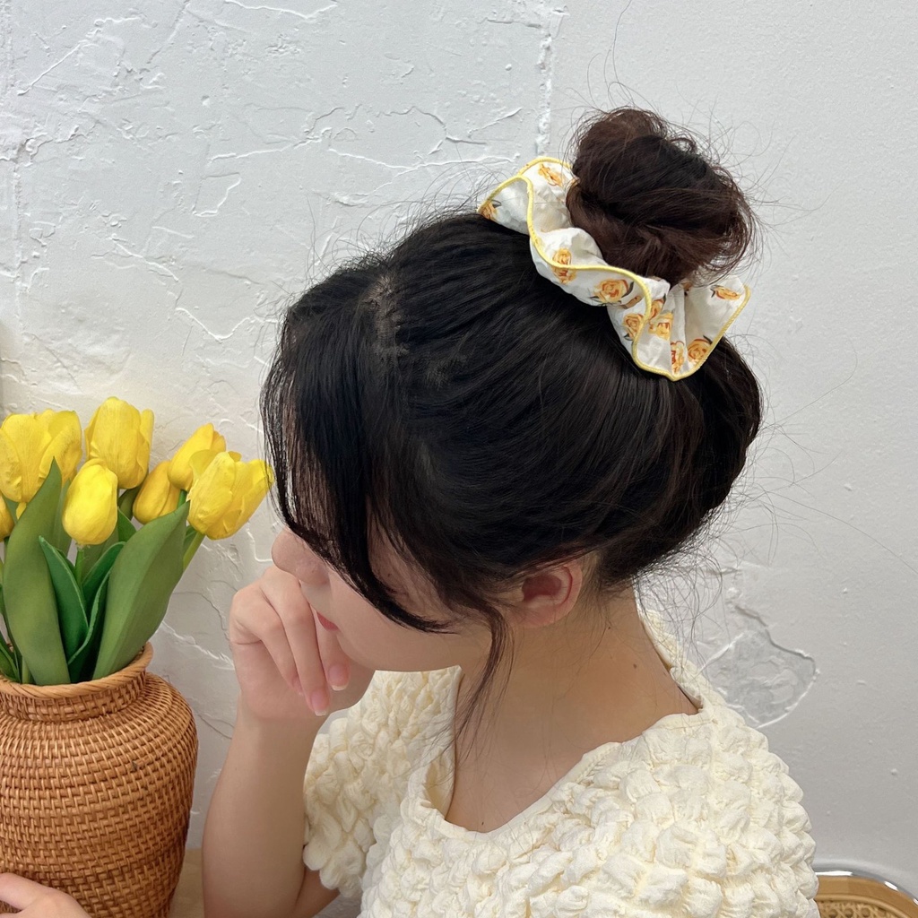 Dây cột tóc vải scrunchies hoa có viền phong cách Hàn Quốc siêu xinh DCV