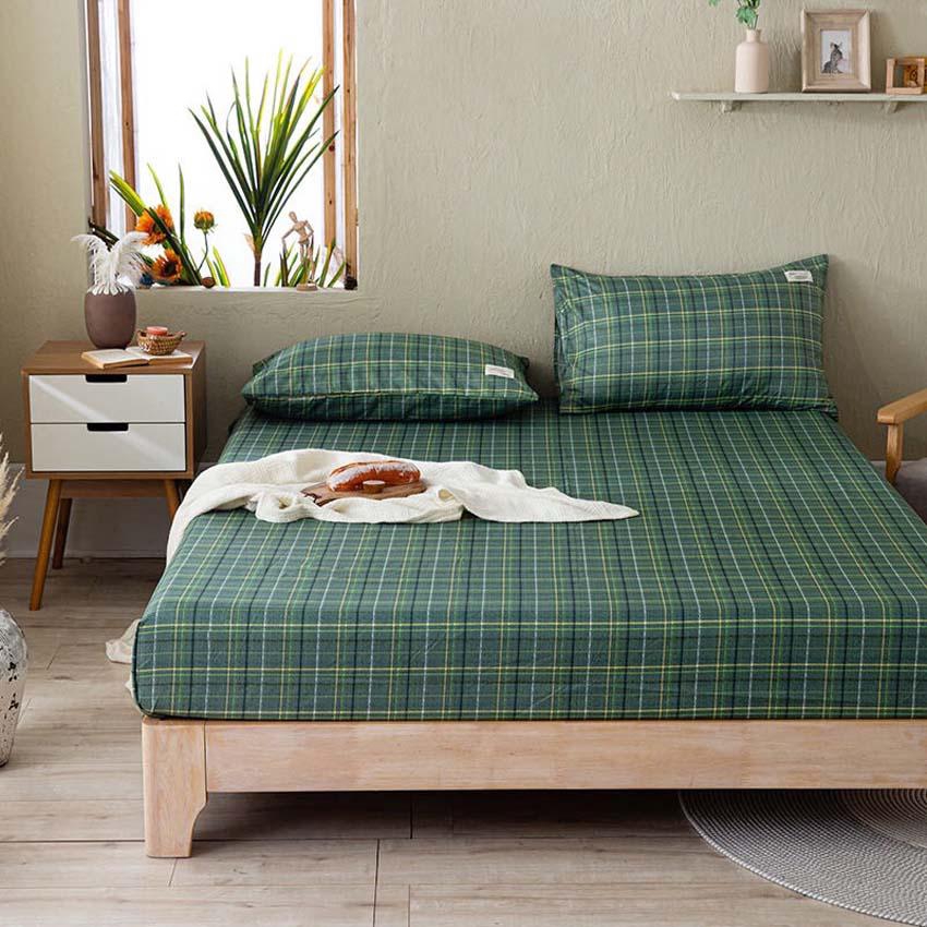 Bộ ga gối cotton tici kẻ lidaco kẻ caro xanh rêu