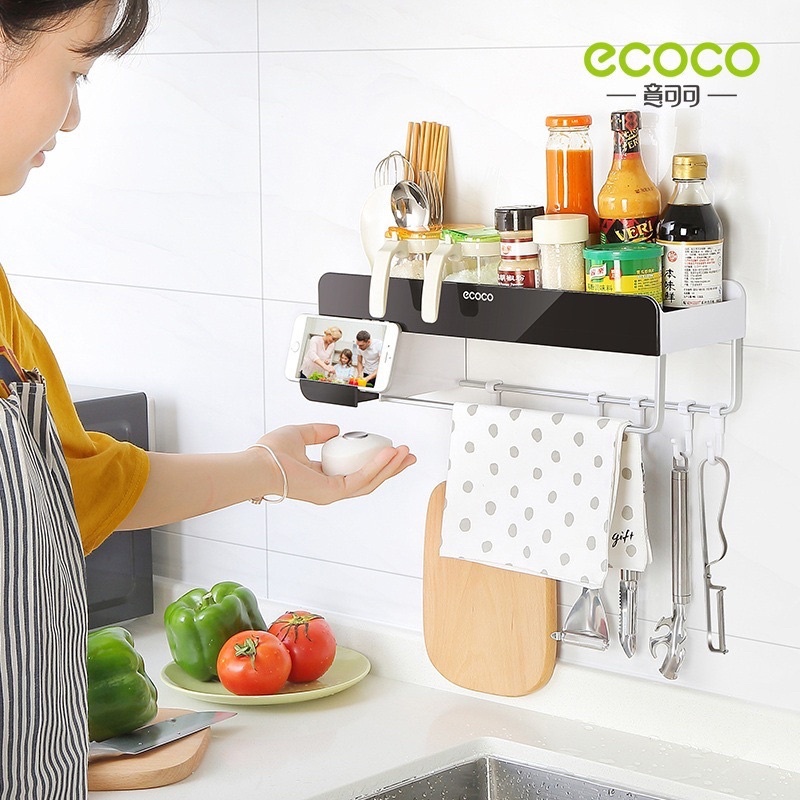 Kệ gia vị nhà bếp thông minh ECOCO | Kệ để đồ đa năng kèm móc, thanh treo khăn 1712