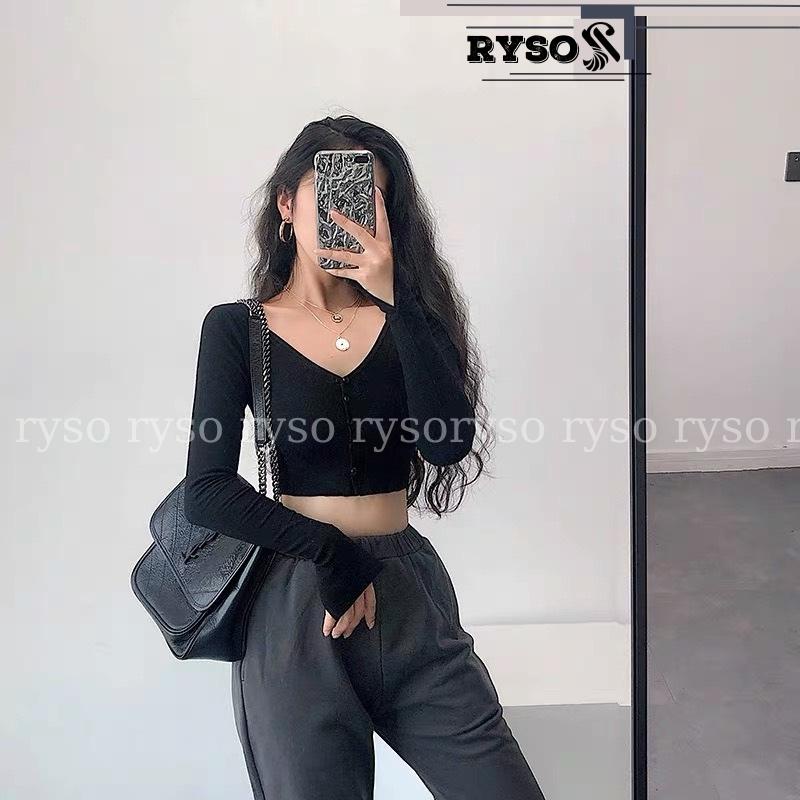 Áo Croptop tay dài nút cài chất thun gân dày dặn cao cấp basic cá tính crt trắng đen đơn giản