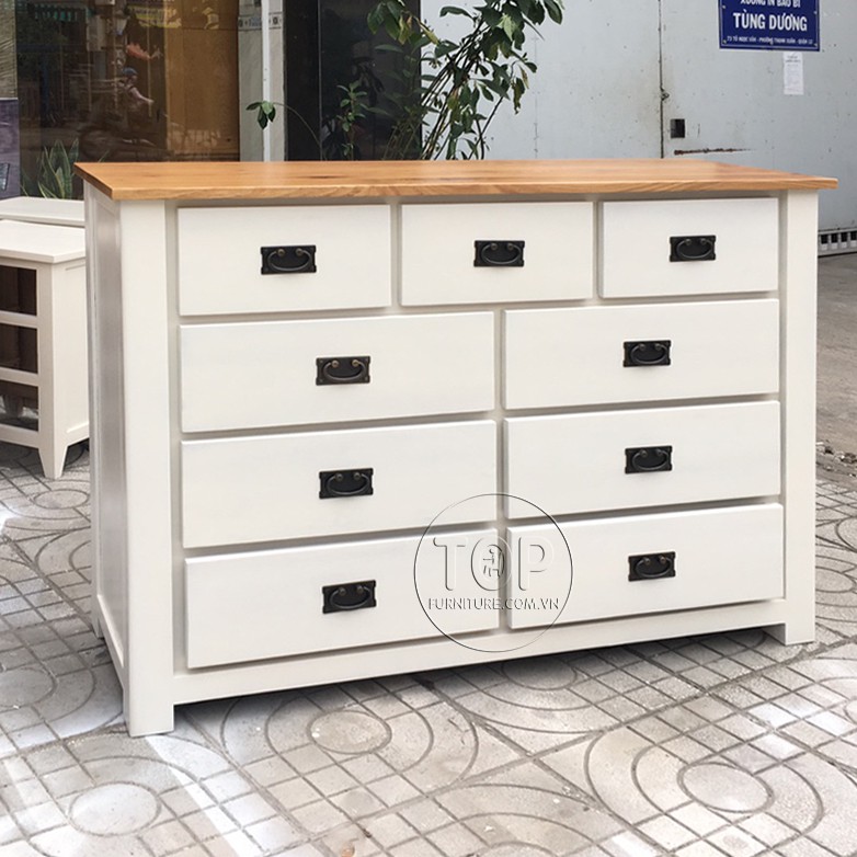 Tủ 9 ngăn kéo gỗ sồi màu trắng đỉnh sồi TOP-216W