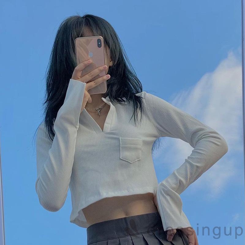 Áo Croptop Tay Dài Cổ Bẻ polo tay dài bo mịn co giãn