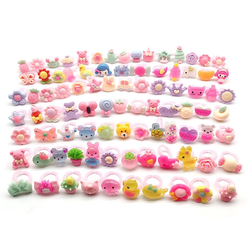 Bộ 10 nhẫn đồ chơi nhiều hình dáng khác nhau phong cách hoạt hình như kẹo/hoa/động vật/nơ dành cho bé gái
