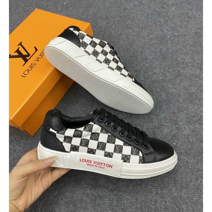 Giầy nam buộc dây LV hoạ tiết ô vuông đen trắng, Giầy thời trang đế cao mũi tròn btshop từ 38 đến 42