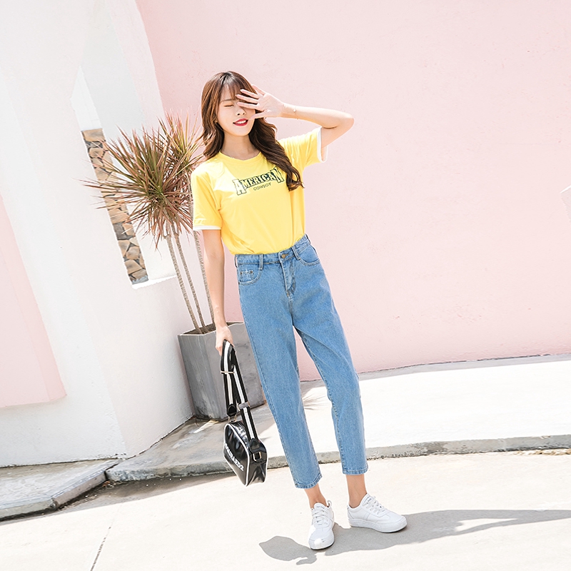 SUXI Quần jeans eo cao ống rộng phong cách Hàn Quốc trẻ trung cho nữ