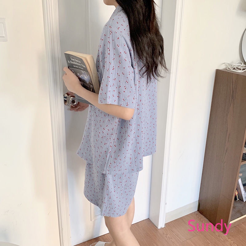 Bộ Đồ Ngủ Ngắn Tay Dáng Rộng In Hình Trái Cherry Thời Trang Mùa Hè Hàn Quốc Dành Cho Nữ