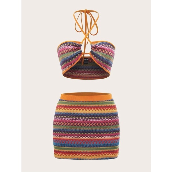 Set Đồ 2 Mảnh Hoạ Tiết Thổ Cẩm / Boho Ôm Body Chất Liệu Len Đan