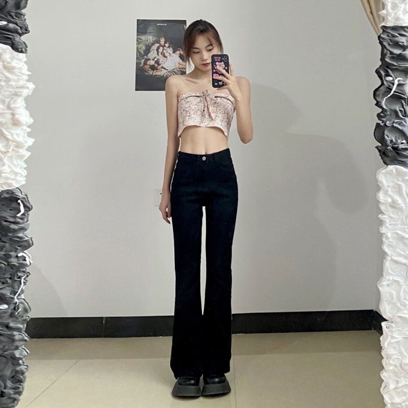 8683 | Quần Bò Đen Loe Cạp Cao Dễ Mặc Casual Co Dãn Phong Cách Hàn Quốc