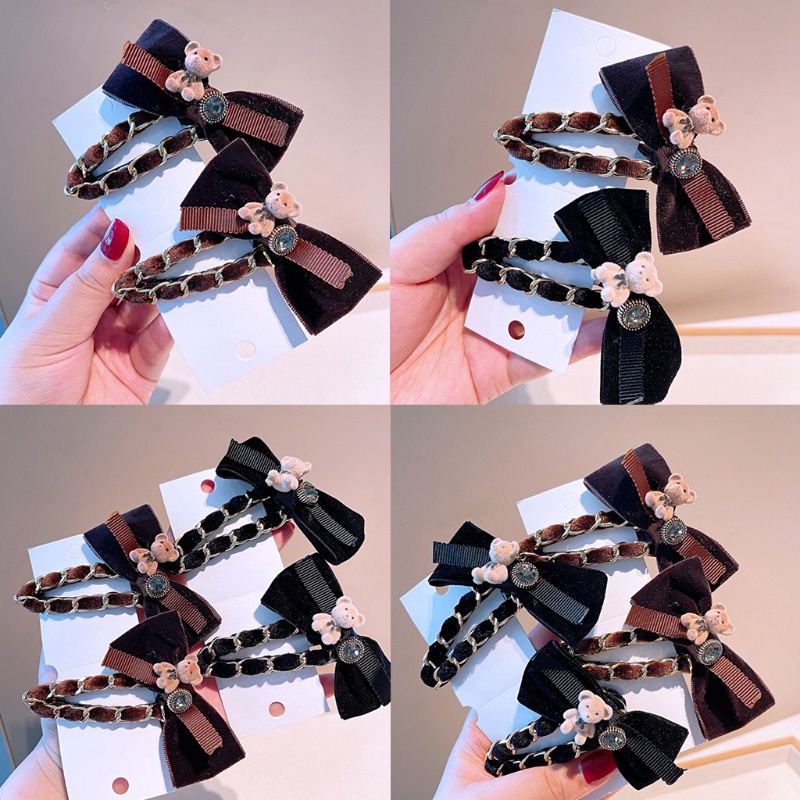 Kẹp Tóc Hình Gấu Phối Chuỗi Xích Bằng Nhung Handmade Chống Trượt Thời Trang