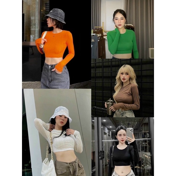 ÁO NHÚNG CROPTOP TRƠN CỔ TRÒN TAY DÀI FROM BASIC MS11368