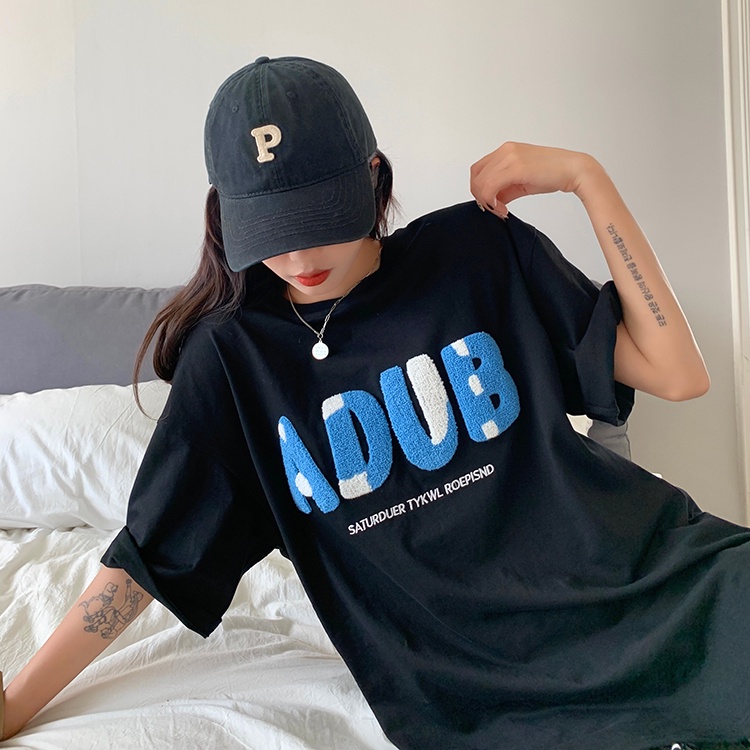 Porozi Áo thun  cổ tròn thêu chữ phong cách Hàn Quốc cho nữ