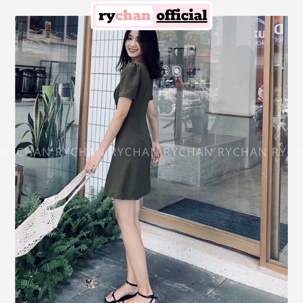 Đầm Xoè Rêu Cổ Vuông Đính Nút Gỗ - DX9984