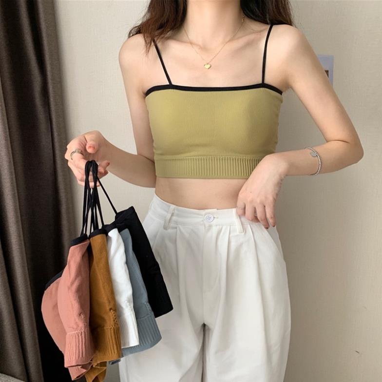 [Giá sỉ] Áo Bra Nữ Thun 2 Dây Viền Đen Màu Pastel kèm Có Mút Ngực Trẻ Trung 388.